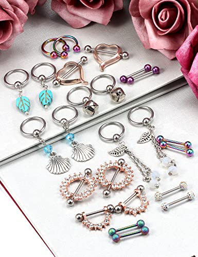 Vsnnsns 12 Pairs 14G Nipple Piercing Jewelry Surgical Steel Cubic Zirconia Nipple Rings Skull Nipple Piercing Jewelry for Women Men 14 Gauge Silver Black Rainbow Rose Gold4