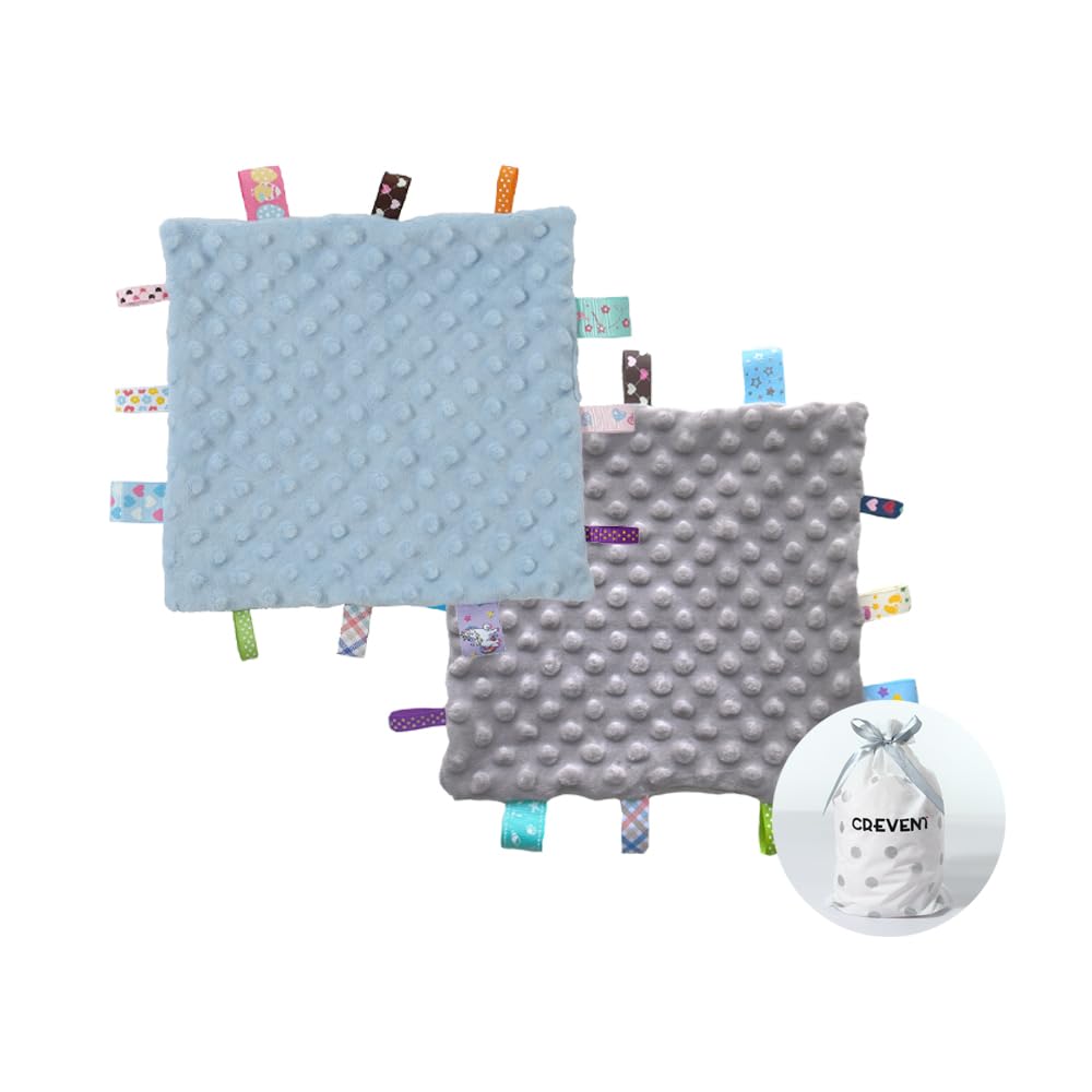 CREVENT Tag Security Blankets for Babies, Soft Small Taggie for Boys Girls, Baby Comforter Sensory Blanket, Great Gifts for Birthday Baby Shower 10"