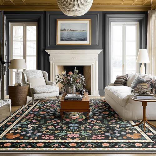 Image of Area Rug Vintage Floral Deer Pattern 8x10 - Bohemian Forest Animal Carpet with Squirrel & Butterfly, Soft Decorative Area Rug for Living Room Bedroom Home Decor