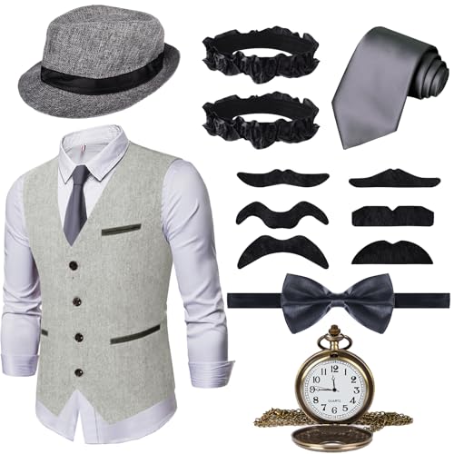 JONRRYIN 1920s Mens Costume Accessories Set, Gangster Costume Mens, Roaring 20s Costumes Men for Halloween, Party Costumes (Grey, XL)
