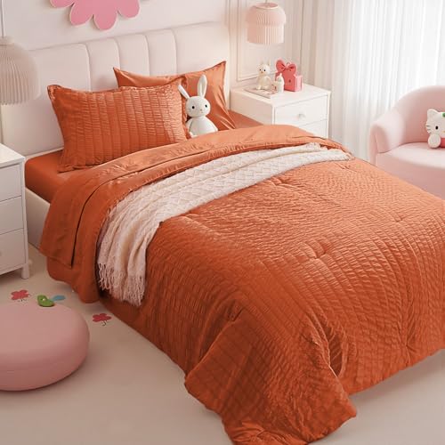Image of Zzlpp Twin Comforter Set 5 Pieces, Burnt Orange Seersucker Bed in a Bag with Comforter and Sheets, Lightweight Bedding Sets with 1 Comforter, 1 Pillow Sham, 1 Pillowcase, 1 Flat Sheet, 1 Fitted Sheet