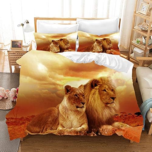 Earendel Lion Theme Duvet Cover Set Griffon Bedding Wild Animals Bed Sets 2/3/4PCS Colorful Quilt Covers/Sheets/Pillowcases,Twin/Full/Queen/King Size (Single-140×210cm-3PCS,4)