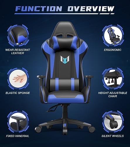 Bigzzia Gaming Chair Ergonomic Office Chair Adjustable Height Swivel Desk Chair Reclining Computer Chair with Lumbar and Headrest Support Racing Style Leather Video Gamer Chair (Blue) - Image 6