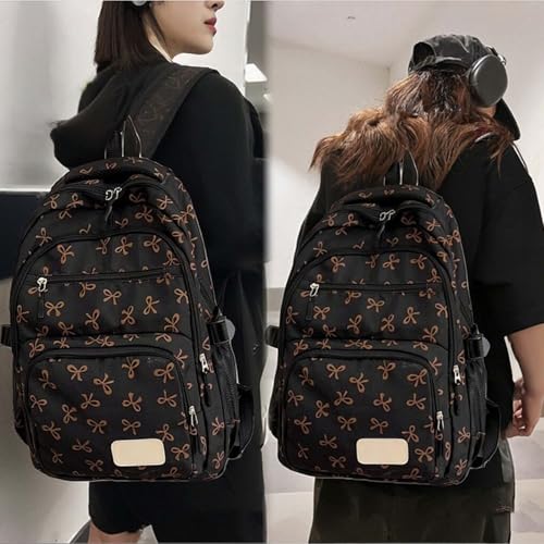 Coquette Bow Backpack 3Pcs Set, Nylon Coquette Backpack With Bow Pattern (Brown)2