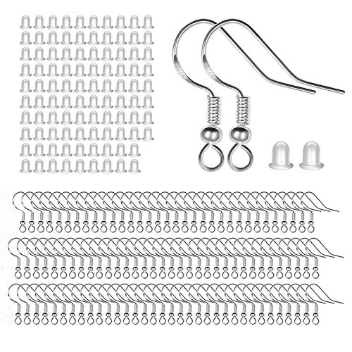 100 PCS / 50 Pairs 925 Sterling Silver Earring Hooks Hook Ear Wires with 100 PCS Clear Rubber Silicone Earring Safety Backs Stoppers for DIY Jewelry Making