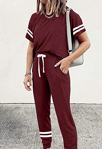 Image of PRETTYGARDEN Women's Two Piece Outfits Striped Short Sleeve Pullover and Long Pants Tracksuit Pajama Lounge Jogger Sets