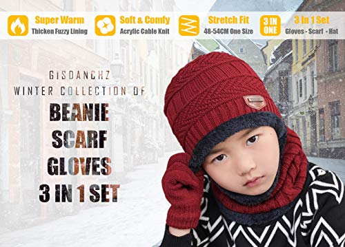 Gisdanchz Children Kids Winter Wooly Knitted Beanie Hats Wool Fleece Lined Theraml Warm Snood Neck Warmer Hat Scarf Gloves Set For Boys Girls Toddler Baby Age 5-14 Year Old, Burgundy #TOP1