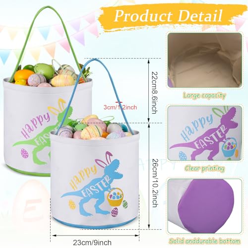 Image of 6 Pcs Canvas Easter Basket with Handle Dinosaur Bucket Bags Bulk Fabric Eggs Hunt Totes for Party Supplies Easter Candy Gifts Storage Favors