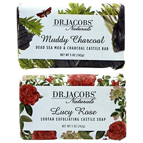Dr Jacobs Naturals, Triple Milled Loofah Exfoliating Castile Bar Soap (Pack of 2) - Free of Parabens, Sulfates, Synthetics, Gltuen and GMO (Muddy Charcoal/Lucy Rose) Cover