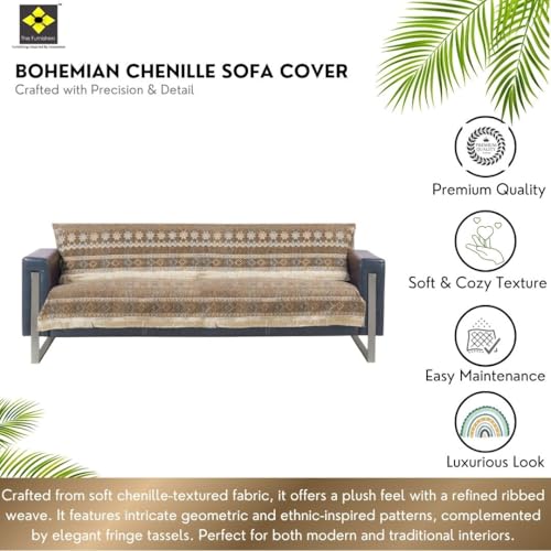 Image of Elegant Woven Brown Sofa Cover - Soft Chenille Traditional Pattern with Lace Style | L-Shape Sectional Seat Protector for Living Room | Durable & Stylish Slipcover 3 Seater Sofa