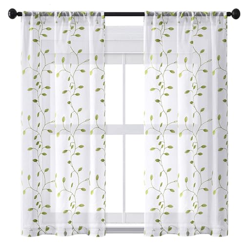 Lot de 1 Rideaux en Lin Semi 90 x 120 cm Rideaux Salon Semi-Transparent Rideau Voilages Intérieurs Rideau Transparent pour Chambre de Bébé et d'enfant, Vert