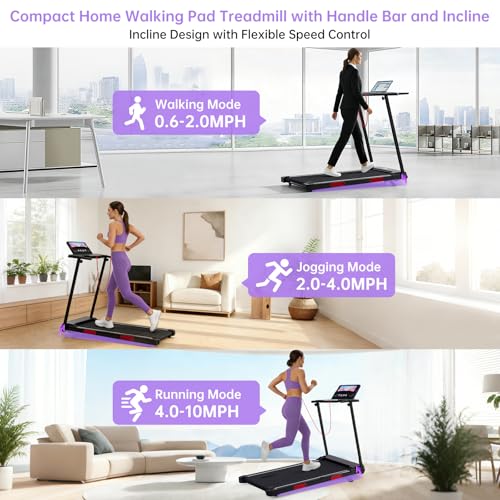 Image of Walking Pad Treadmill with Handle Bar, 3.0HP Portable Electric Treadmills for Home Exercising, 0.6-7.6MPH Mini Walking Pad Treadmill with Incline, Small Under Desk Treadmills for Home Small, 350LBS