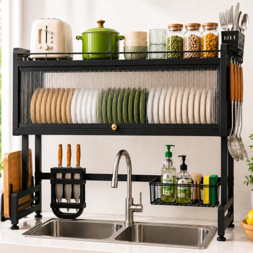 Image of COMFYHOME Over the Sink Dish Drying Rack for Kitchen More Sturdy Stable with Lid 85cm, Rust-Proof Durable, Features Knife Rack, Cutting Board Holder, Storage Basket Ideal for Dish Drainer Large Size