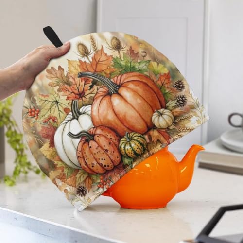 Image of Harvest Pumpkins Fall Tea Cosy for Teapot Tea Pot Cozy Washable, Keeping Warm, Kettle Cover for Thanksgiving Party, Dust Proof Breakfast Tea Pot Cover