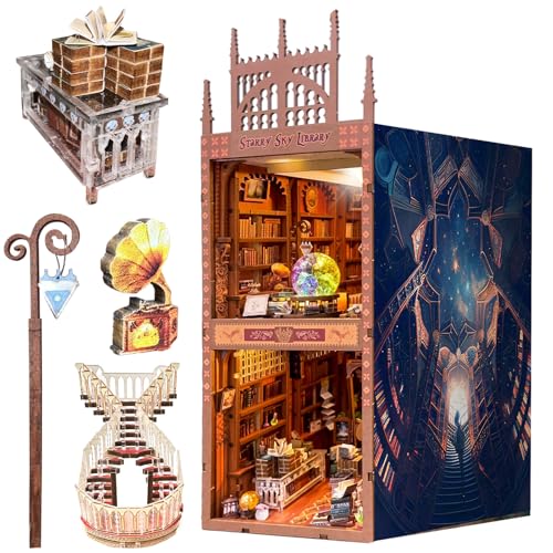 DIY Book Nook Kits, DIY Miniature Doll House Kit, 3D Wooden Puzzle Dollhouse Kit for Adults and Teens, Bookshelf Insert Decor, DIY Craft Gift Model Build with Rotating Staircase and Crystal Ball