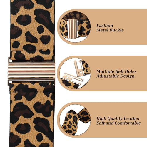 2 PCS Leopard Belts for Women, Elastic Retro Leopard Print Belt, with Interlocking Buckle, Suitable for Dresses, Jeans, Skirts, Blouses2
