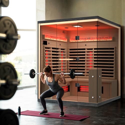 BNEHS Full Spectrum Infrared Sauna, 3-4 Person Home Sauna with 6 Heating Tubes&4 Carbon Plates,Indoor Dry Sauna with Himalayan Salt Panel and LCD Control Panel