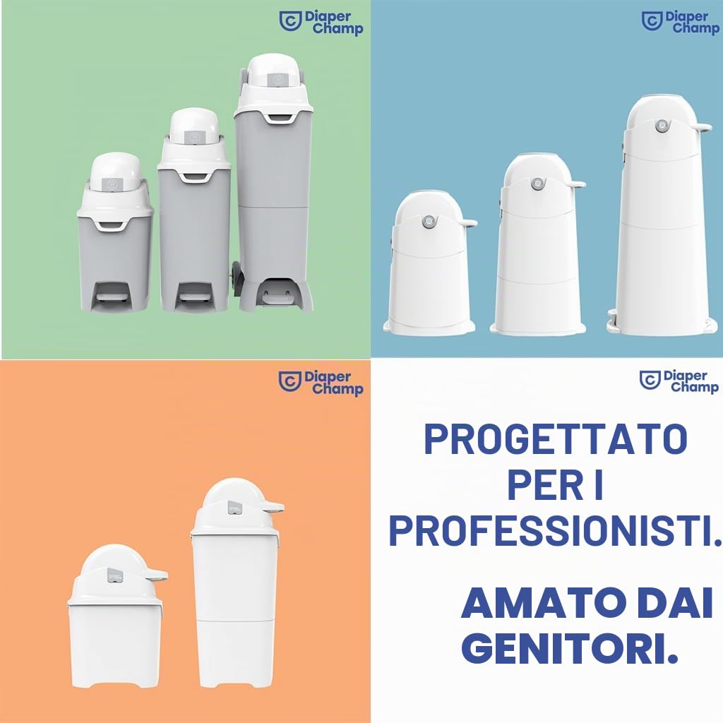 DIAPER CHAMP Handsfree Medium - incl - 10 sacchetti ECO gratuiti - Pattumiera per pannolini anti-odore - mani libere - capacità ideale - asili nido, micro presepi MAM - senza cassette di ricarica