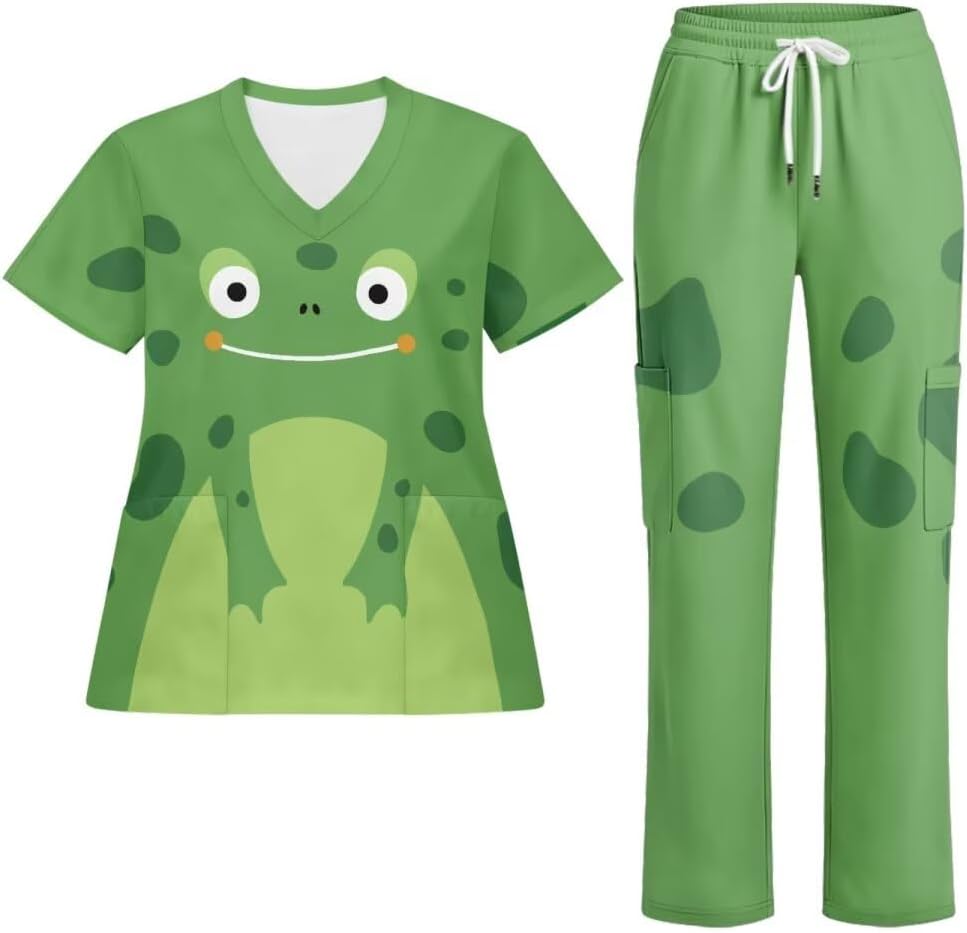 Scrubs for Women Set - V-Neck Top and Pants with Pockets Nurse Uniform Fun and Comfortable Workwear