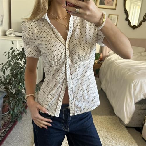 Image of Y2k Girls Vintage Coquette Button Down Shirt Women Short Sleeve V-Neck Slim Fitted T-Shirt Cute Blouse Crop Top (White #G, M)