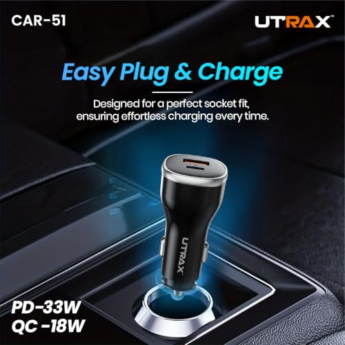 Image of UTRAX 51W Fast Car Charger with 33W PD & 18W QC | Dual Port All Protocol Charger for Car | Type-C Power Delivery & USB Quick Charge | Black | 1 Year Warranty (51W (with USB to Type C Cable))