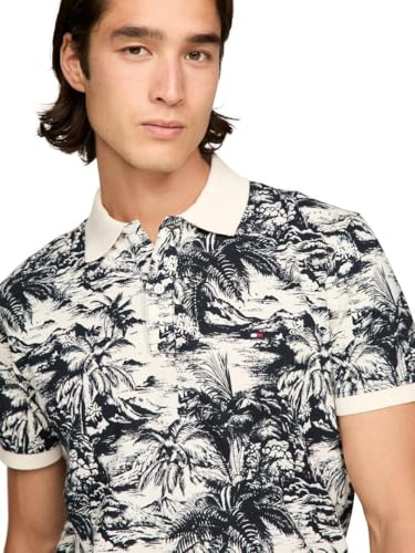 Tommy Hilfiger Men's Short Sleeve Linen Polo Shirts in Regular Fit with Tropical Print Designs2