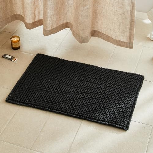 TYUU Black Bathroom Rug, Waffle Bath Mat Non Slip Washable