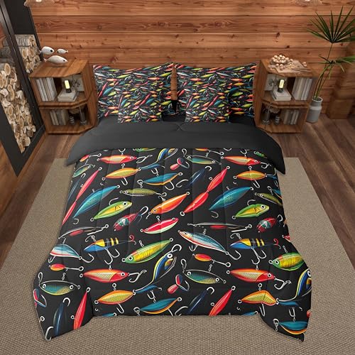 Feelyou Fischköderhaken-Set, 7-teilig, Doppelbettgröße, Fischjagd-Bettwäsche-Set für Kinder, Jungen, Mädchen, rustikales Landhausbett in einer...