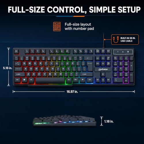 Image of MANHATTAN RGB LED USB Gaming Keyboard - Full Size, Rainbow Backlight, Spill-Resistant, Quiet Keystrokes, 12 Multimedia Function Keys, for Computer, PC, Desktop, Gamer - 3 Yr Mfg Warranty - 180603