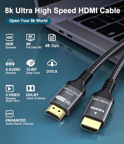 Certified 10K 8K HDMI 2.1 Cable 3M, 48Gbps Ultra High Speed HDMI Cable Ethernet CEC 4K 240Hz 200Hz 165Hz 144Hz 120Hz 10K 8K 60Hz ARC eARC Netflix HDCP2.3 HDR10+ PC Laptop RTX5090 TV Monitor Projector - Image 7