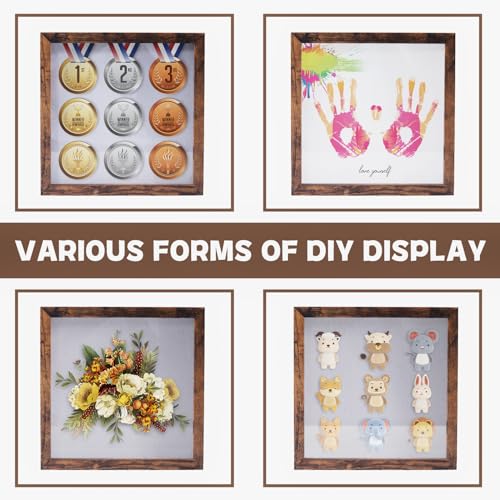 Image of Muzilife 8x8 Shadow Box Picture Frame with Linen Board - Deep Wood & Glass Display Case to Hang Memory Box Baby Sports Memorabilia, Pins, Awards, Medals, Wedding, Tickets and Photos, Rustic Brown