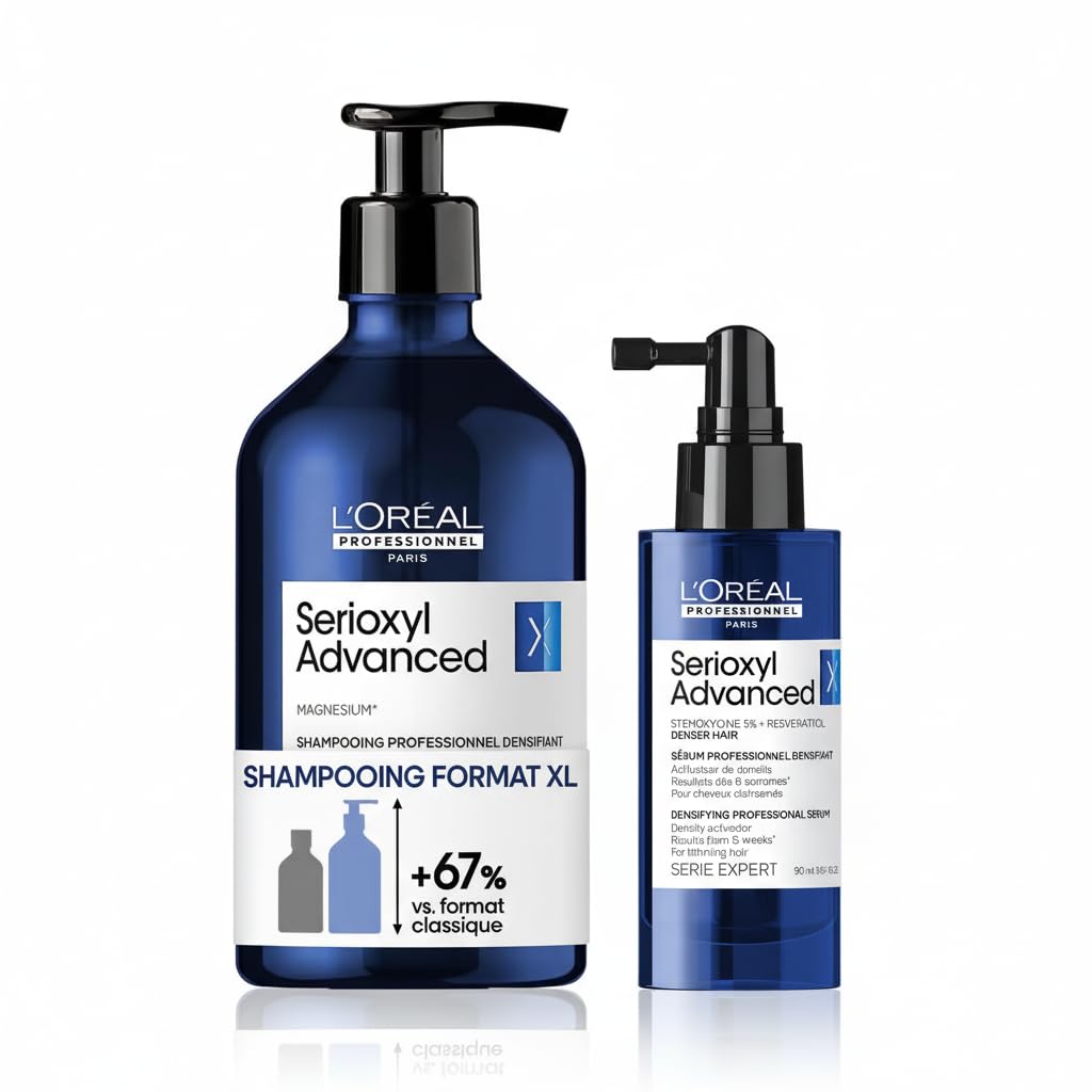 L'OREAL PROFESSIONNEL - Routine Pour Cheveux Clairesemés & En Perte de Densité - Serioxyl Advanced - +22% de volume Pendant 24h - Cheveux + Denses Dès 6 Semaines - Shampoing (500ml) + Sérum (90ml)