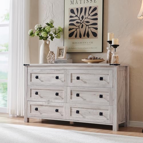 RedLemon Farmhouse 6 Drawer Dresser for Bedroom 54 Inch Wide Rustic Wood Dresser TV Stand Dresser Chest of Drawers for Closet Living Room Hallway Antique Brush White
