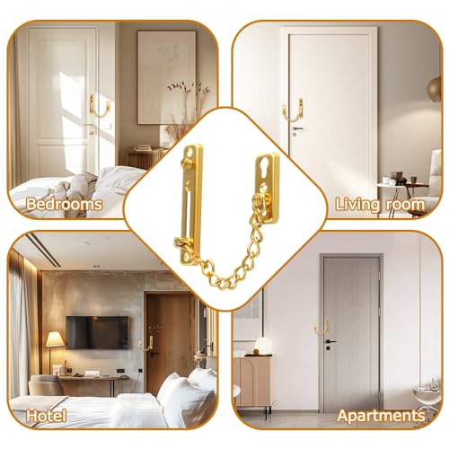 WATUNID 2 Stück Tür Sicherheitskette, Edelstahl Türkette mit 8 Schraube, Anti-Diebstahl Kettenschloss, Sicherheitsschloss Wohnungstür, Türsicherung für Hotel Familie Innentüren Türen Fenster(Gold)