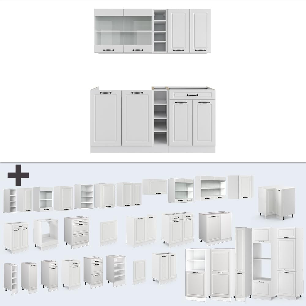 Vicco Singleküche R-Line, Weiß Landhaus/Weiß, 160 cm, AP Eiche, mit Flexibler Anordnung der Module und erweiterbar