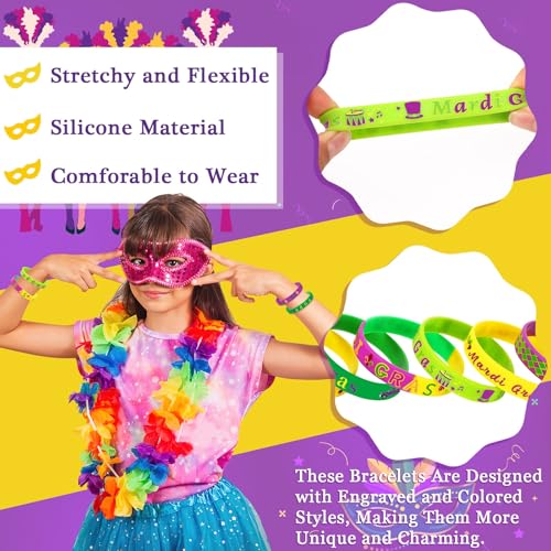 Image of JUNEBRUSHS 64Pcs Mardi Gras Silicone Rubber Wristbands Bracelets for Mardi Gras Carnival Party Supplies Decorations Goodie Bag Stuff Fillers Accessories (8 Designs)