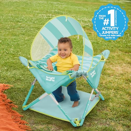 Image of Bright Starts Pop 'N Jump Portable Baby Activity Center, Indoor Outdoor Use, Lightweight, Carrying Bag, Canopy, 6-12 Months - Sky Stripes Blue
