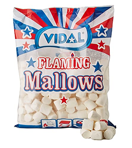 Vidal Golosinas Flaming Mallows. Nubes my sabrosas listas para fogatas, barbacoas y planchas. Sabor vainilla. Color blanco. Bolsa 1 Kg.