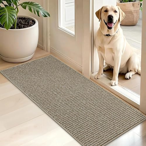 Image of BEQHAUSE Dirt Trapper Door Mat 20 inch x 48 inch, Non-Slip Washable Doormats Entrance Mat, Dirt Resistant and Absorbent Welcome Mat, Low Profile Floor Mats for Front Back Door and Entryway, Light Beige