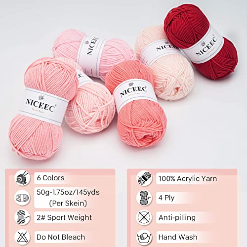 Niceec 6×50G Soft Assorted Colors Yarn Sport Weight Yarn Bonbons Yarn For Crochet Knit 4 Ply Acrylic Yarn For Diy Project Starter Crochet Kit For Kids Or Adults(6×145Yds)-Pink Series #TOP3