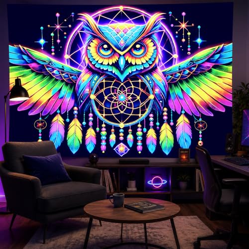 Image of BlissYard Owl Tapestry Blacklight Tapestry 79x59 Inch Trippy Wall Hanging | Trippy Decration with Uv Reactive Colors for Bedroom Dorm and Party Walls