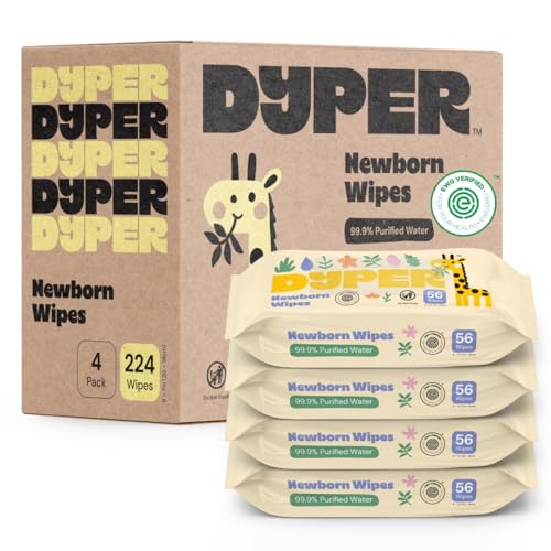 DYPER Newborn Sensitive Baby Wipes Unscented (224 Count), 99.9% Water-Based, Plant-Based &...