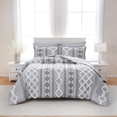 Image of MOVE OVER Gray Comforter Set Queen 7 Pieces White and Gray Tufted Bedding Set Soft Microfibr Boho Aztec Comforter Set Warm and Lightweight Shabby Chic Bedding Set for Year-Round
