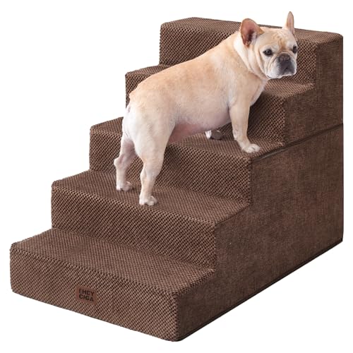 Image of EHEYCIGA Dog Stairs for High Bed 25 inch H, 5-Step Extra Wide Dog Steps for Bed, Pet Steps for Small Dogs and Cats, Non-Slip Balanced Pet Ramp Indoor, Brown