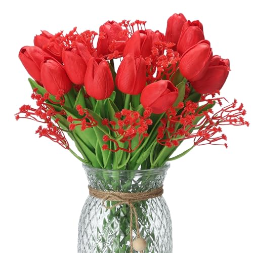 Qunwreath 40PCS Tulip Artificial Flowers Babysbreath 13 PU Tulip Fake Flowers for Vase Home Bedroom Dining Room Living Room Table Decor DIY Floral Decoration