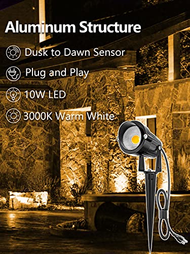 Zuckeo 10W Outdoor Spotlights Led Spot Lights Dusk To Dawn Photocell Light Sensor, 120V Landscape Lighting Electric Spotlight Plug In Flag Pole Light For Yard House Garden Decor, 3.94Ft Cord 3000K #TOP3