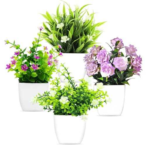 Auolen 4Pcs Small Fake Plants Artificial Potted Plants Faux House Plants Mini Pot Plastic Flowers for Indoor Outdoor Home Kitchen Office Desktop Wedding Decor