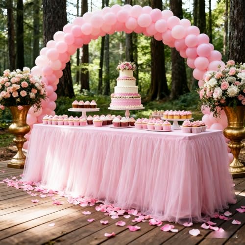 2-Pack Pink 2-in-1 Tulle Tablecloth for 4-Foot Rectangular Table – Stretch Fitted Table Skirt & Cover for Baby Shower, Bridal, Birthday, Princess Party by Yoquare - Image 4