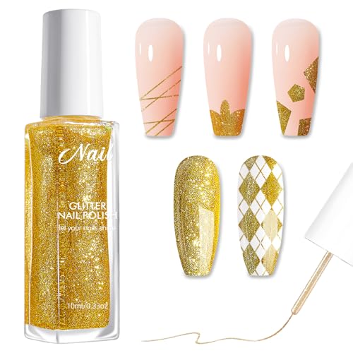 Liner Nagellack Gold Glitzer - Schnelltrocknender Nagellack für Swirl, French Fineliner - Ungiftig Nagelack Auf Wasserbasis für Frauen - Klassisch Painting Nail Polish Home DIY Maniküre (Gold, 10ml)