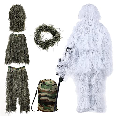 Foboull Ghillie Suit, 5 in 1 Ghillie Suit Set Hunting Gear, Adult and Youth Sizes, Grass, Jungle and Snow Camouflage Style (Snow)